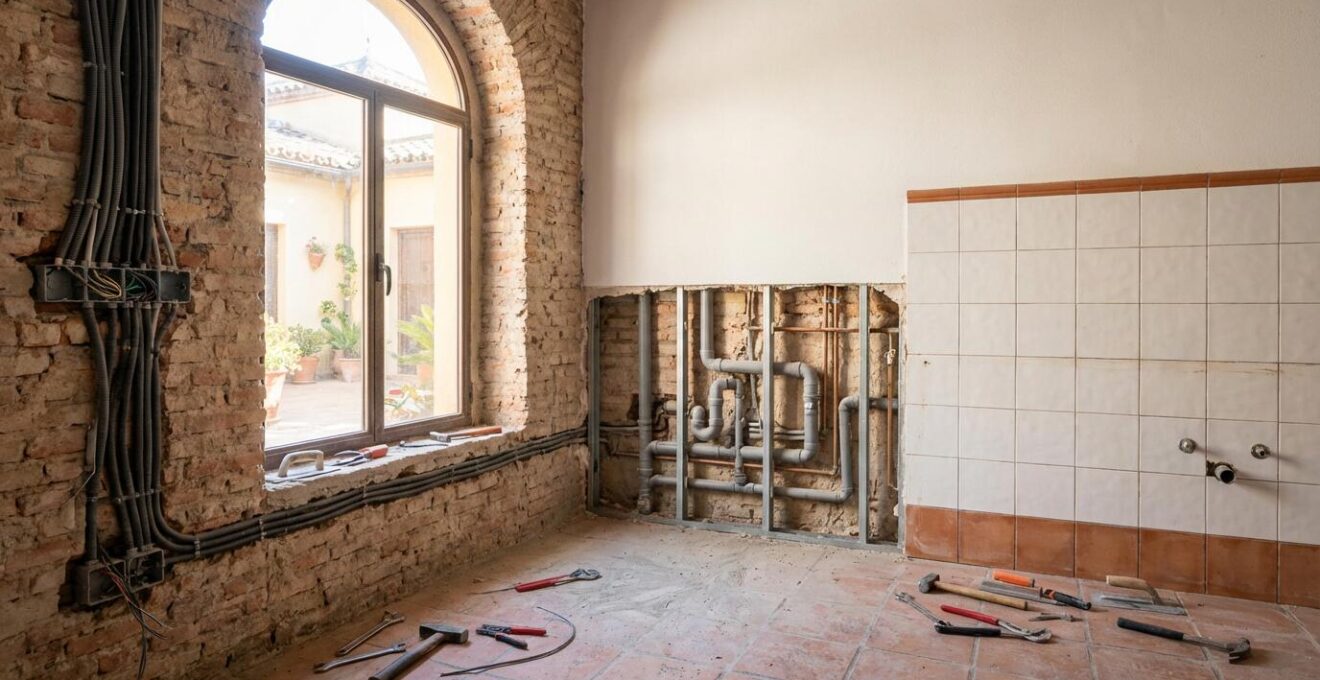 Vista amplia de reforma en cocina mostrando diferentes etapas del trabajo