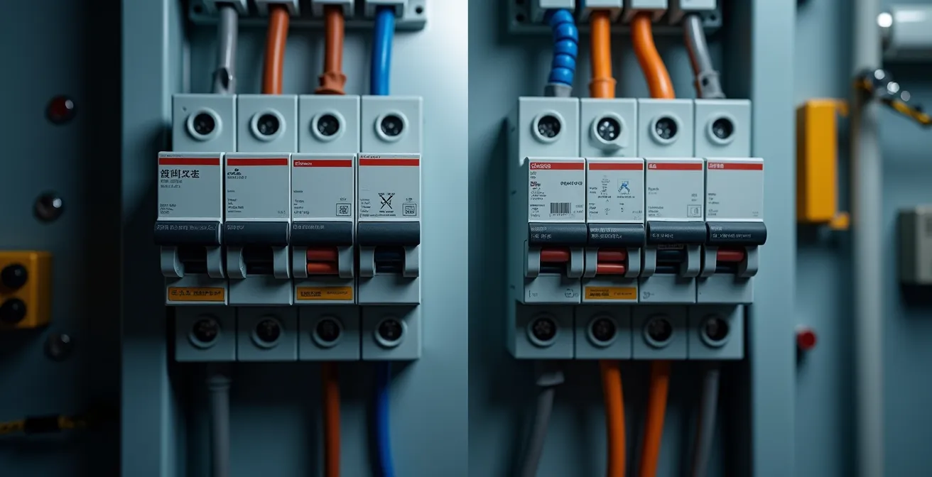 Comparación visual entre cuadro eléctrico monofásico con dos cables principales y trifásico con cuatro cables de colores diferentes