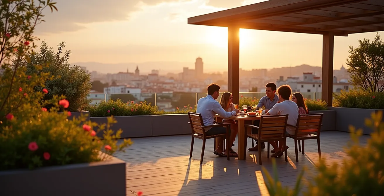 Cubierta plana transitable convertida en terraza ajardinada con zonas de descanso y vegetación mediterránea en un edificio urbano español
