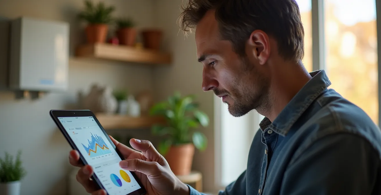 Persona analizando gráficos de consumo eléctrico en tablet con cuadro eléctrico al fondo