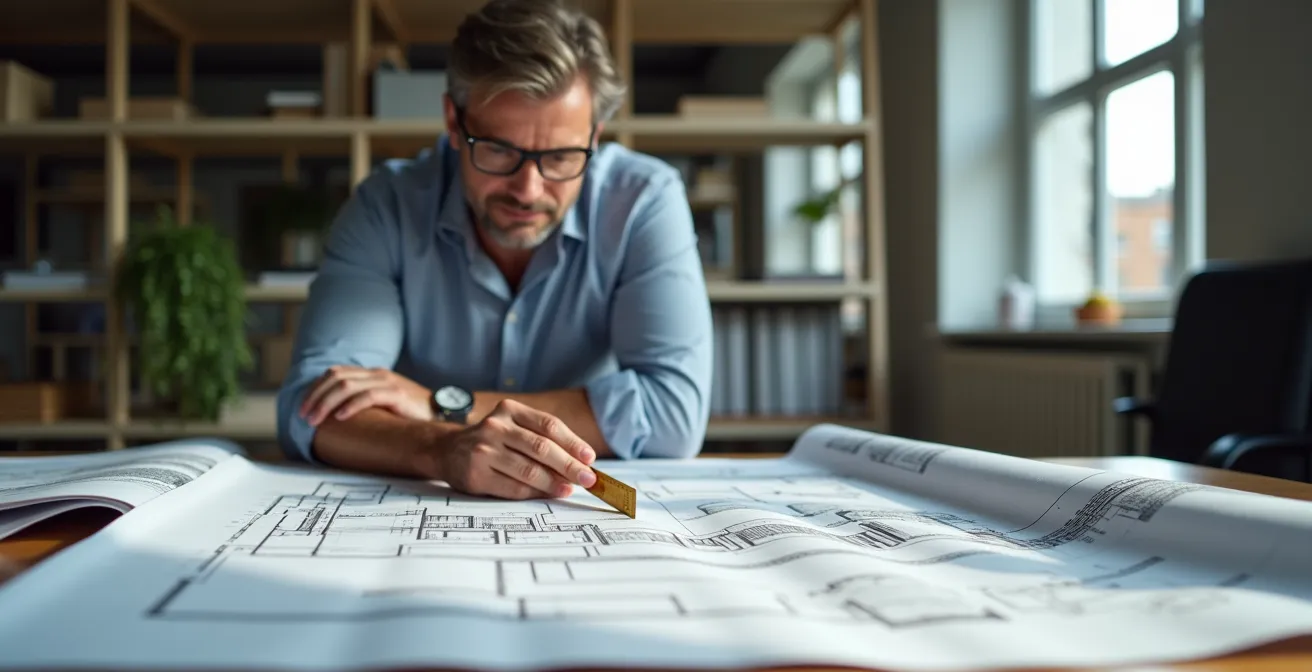 Arquitecto técnico revisando planos y documentos para declaración responsable en oficina