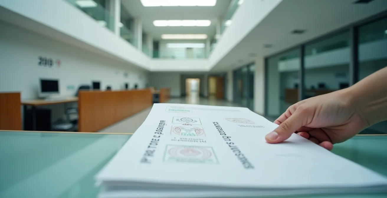 Manos depositando documentos de fianza en oficina administrativa española con sellos oficiales borrosos