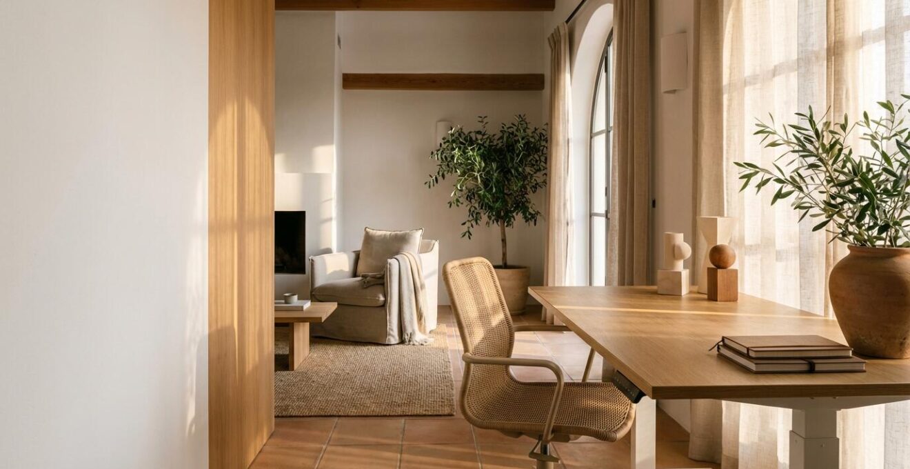 Espacio de trabajo ergonómico en casa que mantiene la armonía con zona de descanso