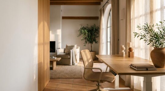 Espacio de trabajo ergonómico en casa que mantiene la armonía con zona de descanso