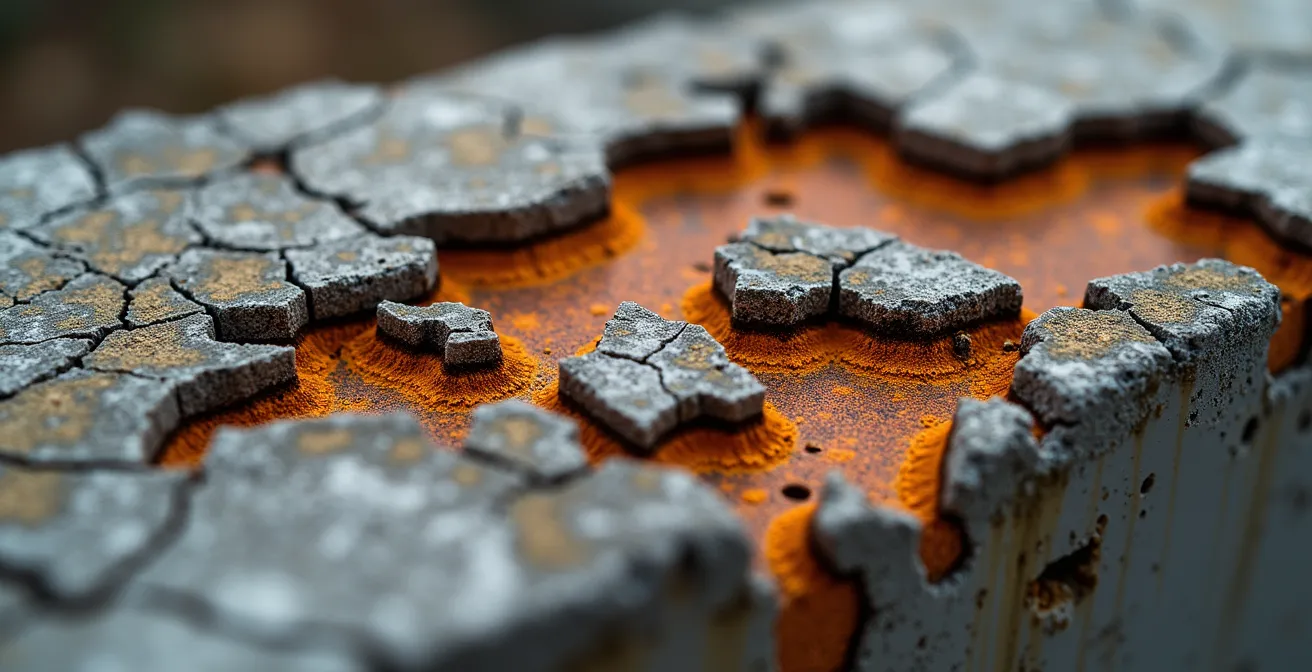 Detalle macro de estructura de hormigón con aluminosis mostrando textura deteriorada y óxido
