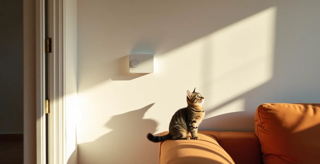 Sensor de movimiento inteligente instalado en esquina superior de habitación, con un gato debajo