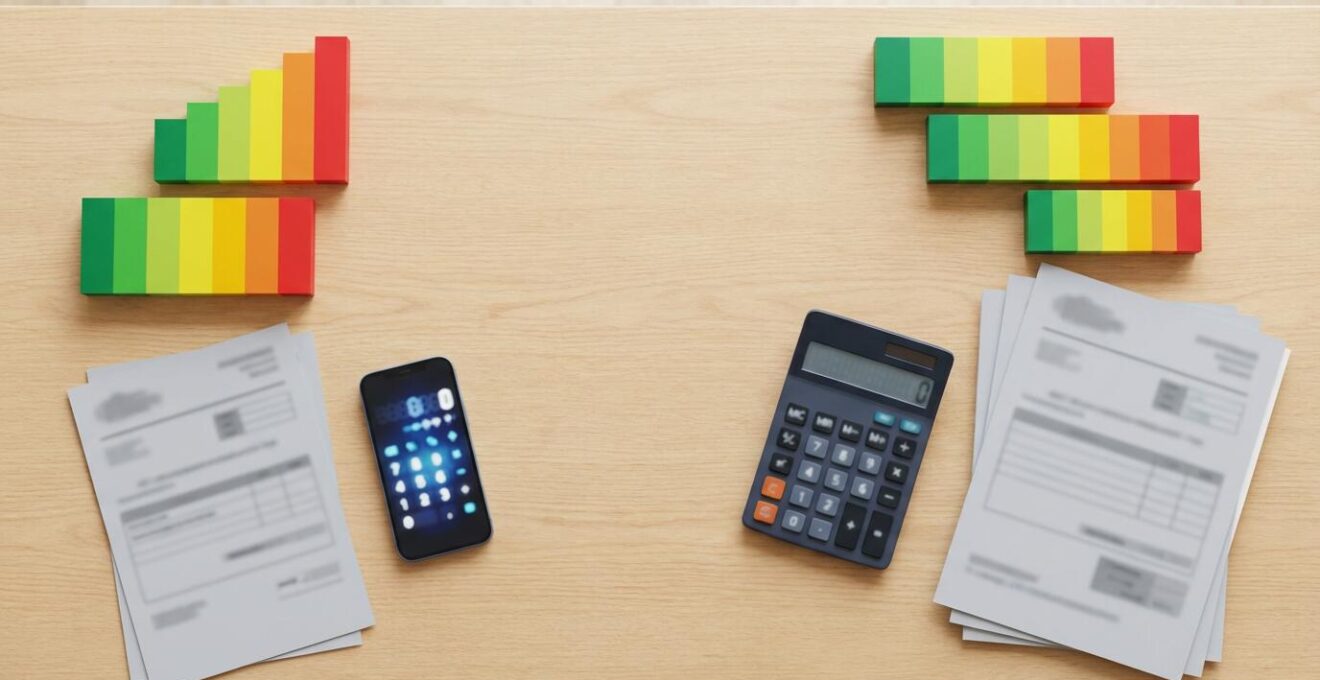 Mesa con papeles de certificación energética y calculadora mostrando cifras de ahorro