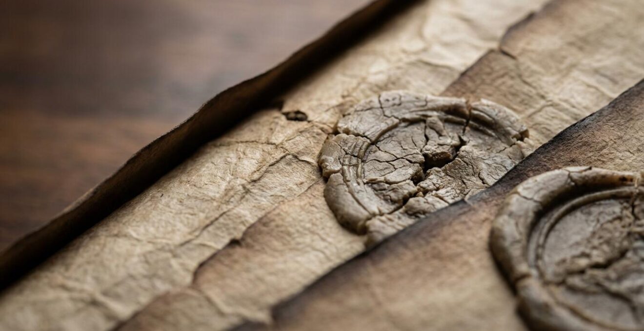 Escrituras notariales, testamento y documentos de herencia sobre escritorio de abogado con sello oficial