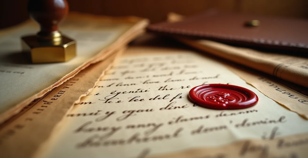 Mesa de notaría con documentos de sucesión hereditaria y sellos oficiales en composición ordenada