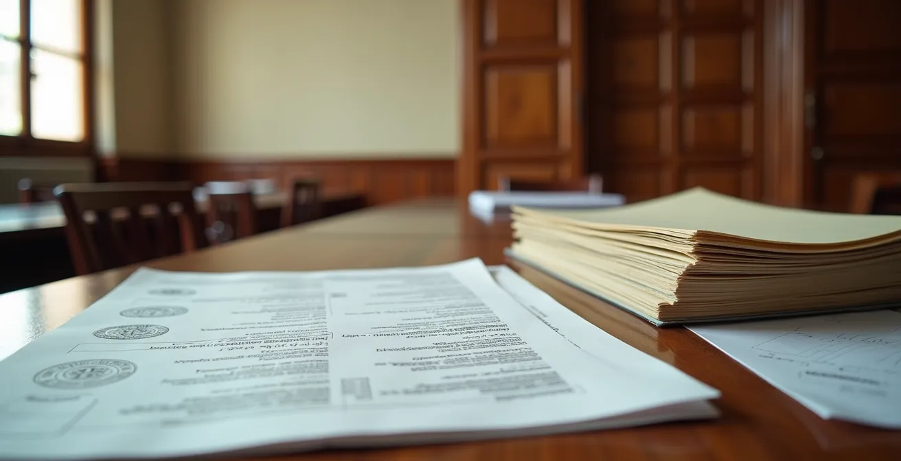 Mesa de oficina con documentos oficiales y sello administrativo español