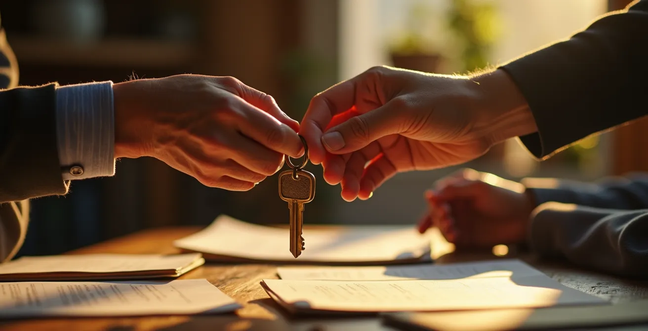 Manos de una persona mayor entregando las llaves de una casa a unas manos más jóvenes sobre una mesa con documentos.