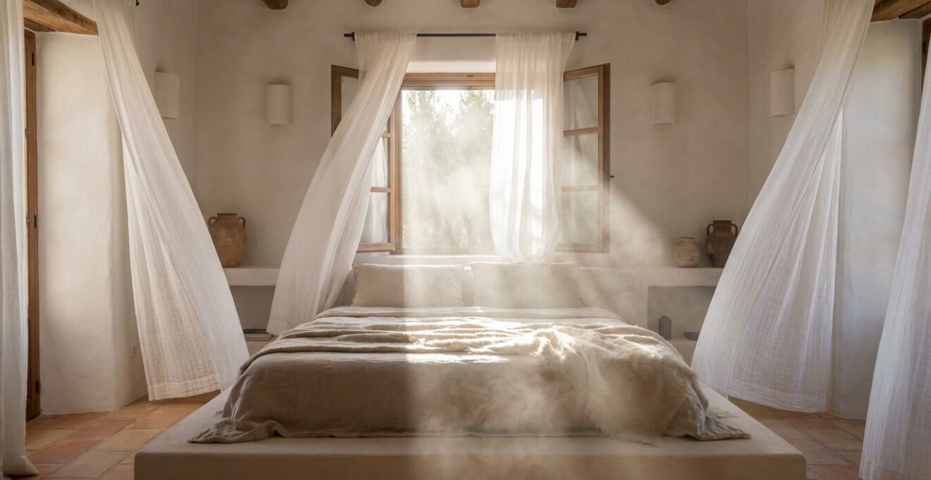 Dormitorio minimalista con ventana abierta mostrando aire fresco entrando y ambiente sereno