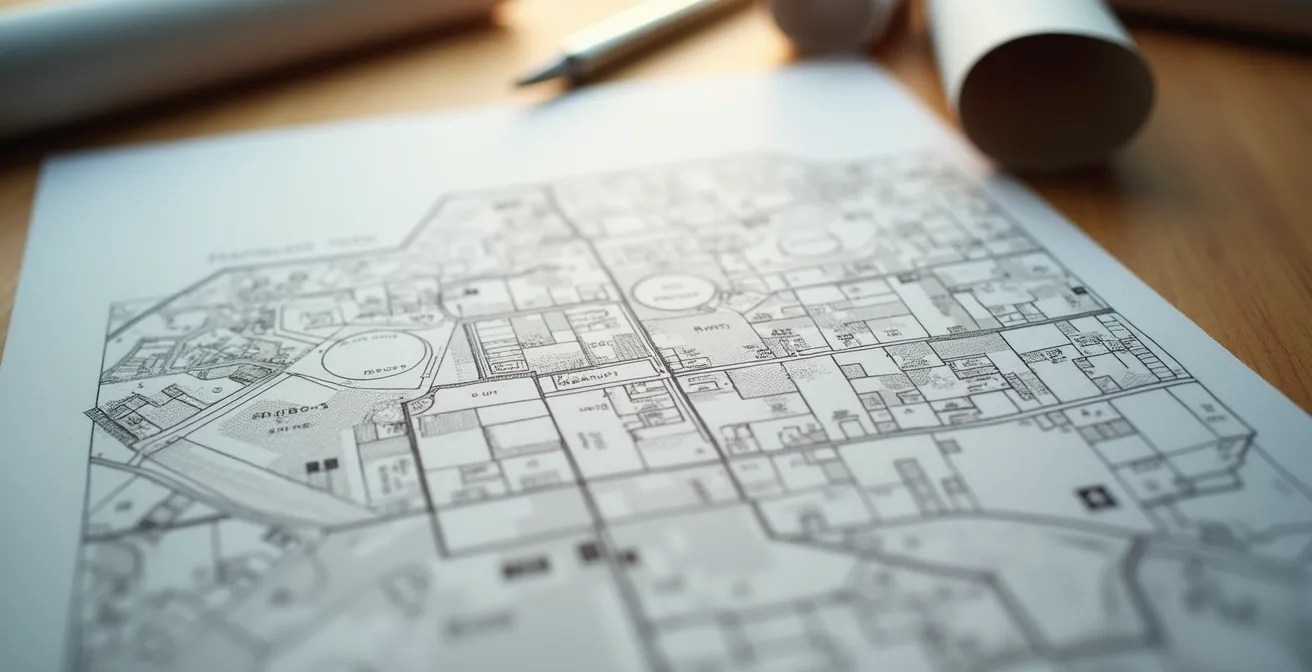 Vista cenital de documentos urbanísticos sobre mesa con sello oficial y planos catastrales