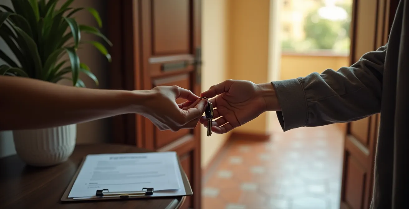 Momento de entrega de llaves entre inquilino y propietario con documentación