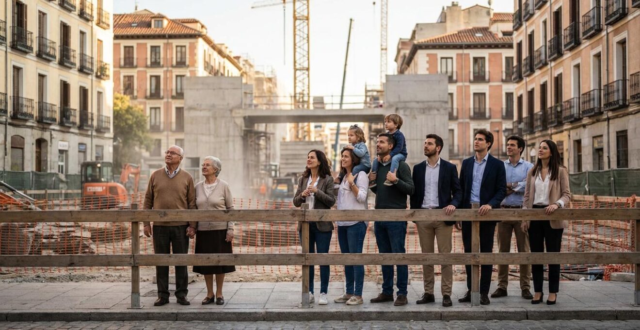 Construcción de nueva estación de metro en barrio residencial con edificios circundantes