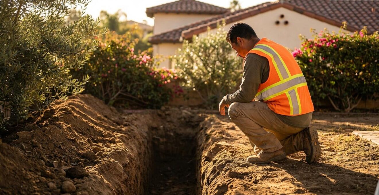 Excavación en jardín para instalación de depósito de aguas grises con maquinaria compacta