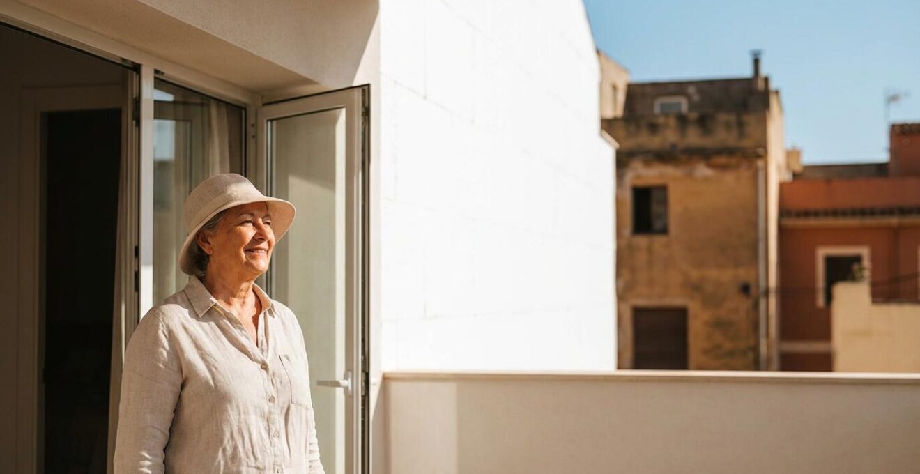 Fachada blanca mediterránea bajo sol intenso mostrando efecto albedo