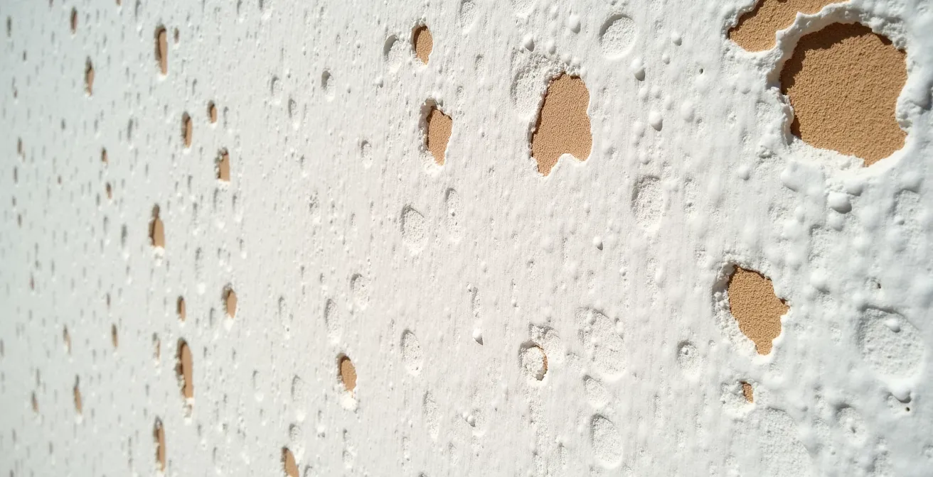 Detalle de una pared encalada con textura artesanal bajo luz solar intensa mostrando el efecto de reflectancia