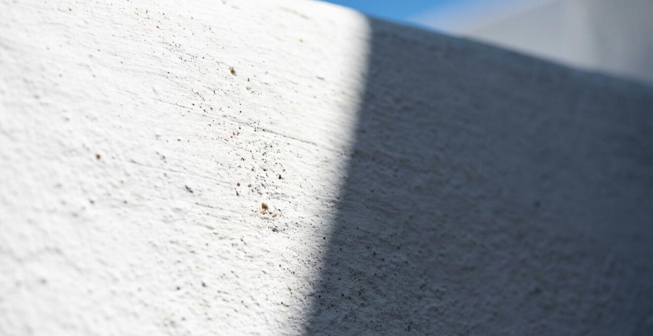 Fachada blanca mediterránea con cal reflejando luz solar intensa