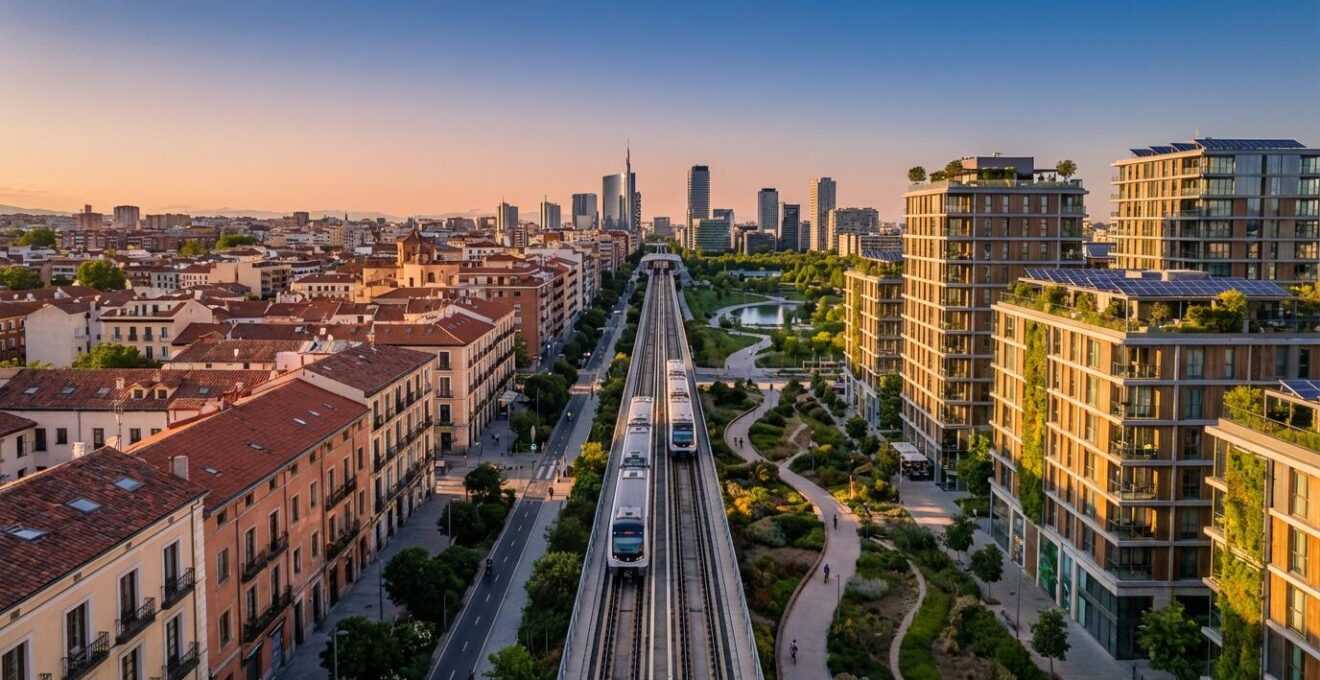 Vista aérea de desarrollo urbano moderno con metro integrado en barrio residencial español