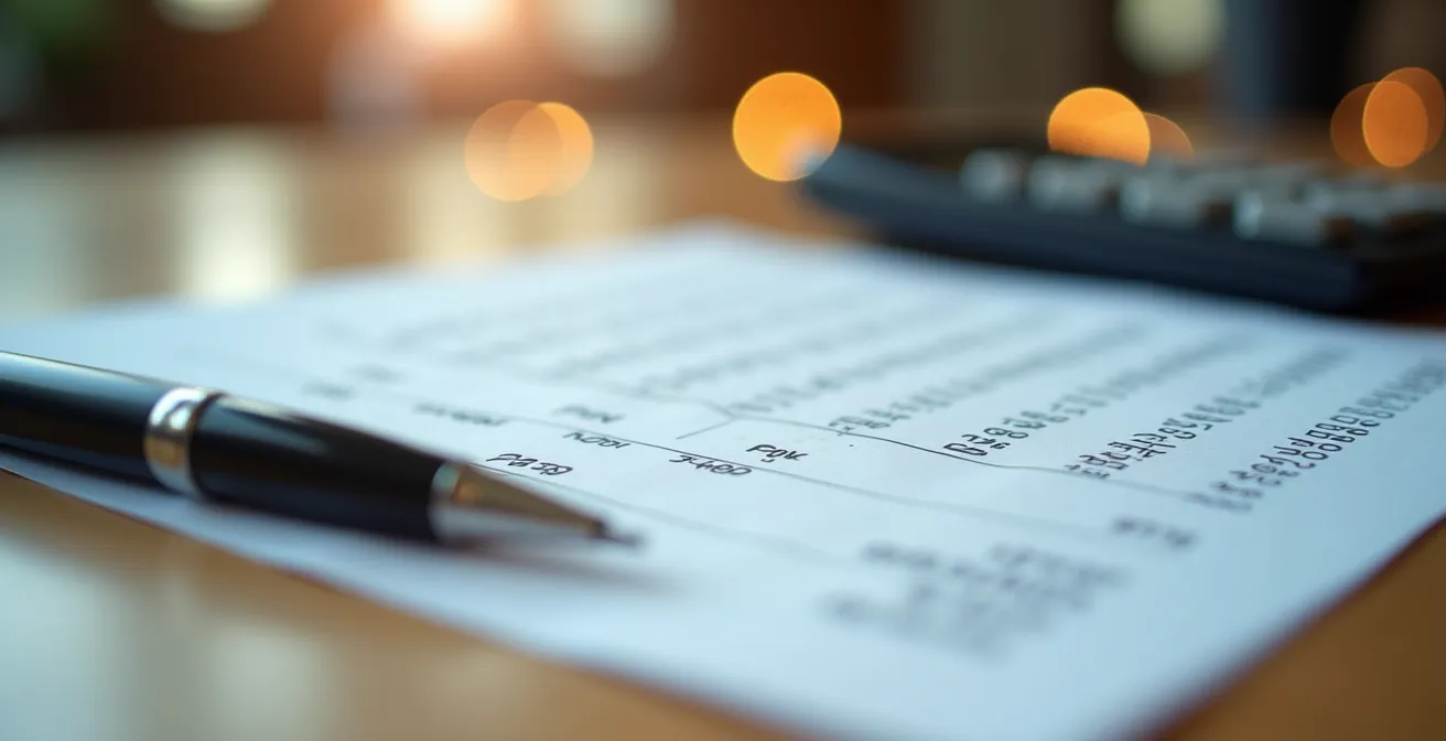 Mesa de oficina con documentos de factura y calculadora mostrando elementos fiscales clave