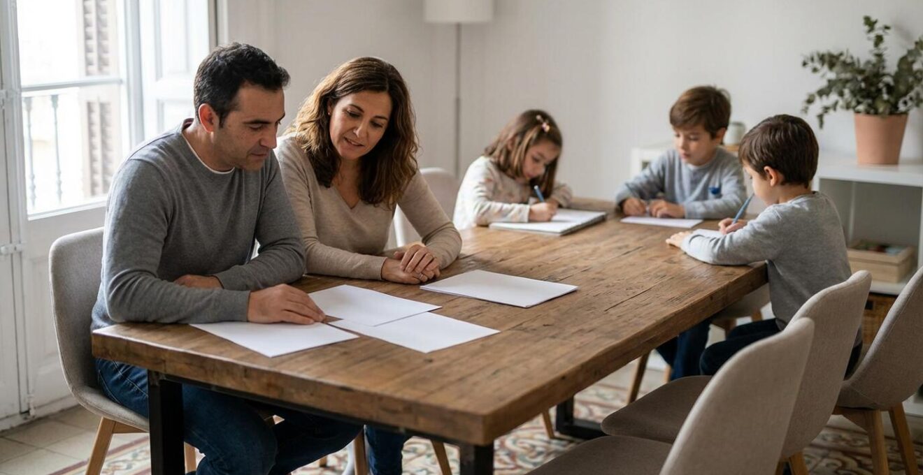 Familia numerosa revisando documentación para bonificaciones del ITP en España