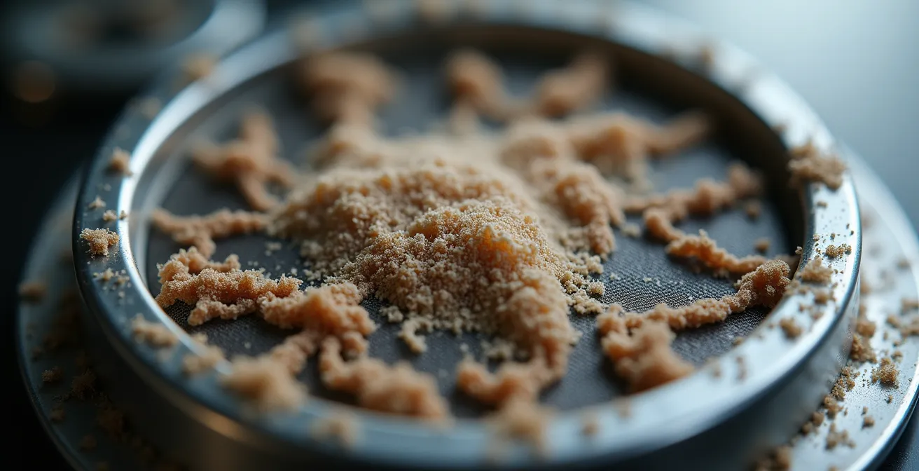 Detalle macro de filtros de sistema de aguas grises mostrando acumulación de residuos