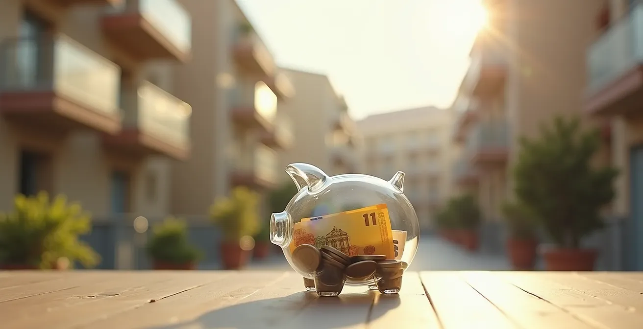 Hucha transparente con billetes y monedas frente a edificio residencial