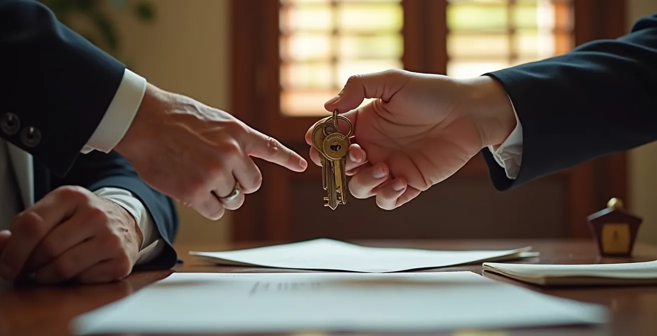 Documentos de herencia y llaves de vivienda sobre una mesa notarial, simbolizando el traspaso generacional.