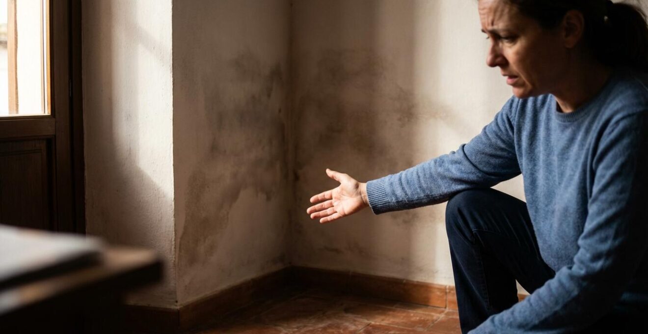 Detalle de condensación y moho en esquina de pared por falta de barrera de vapor