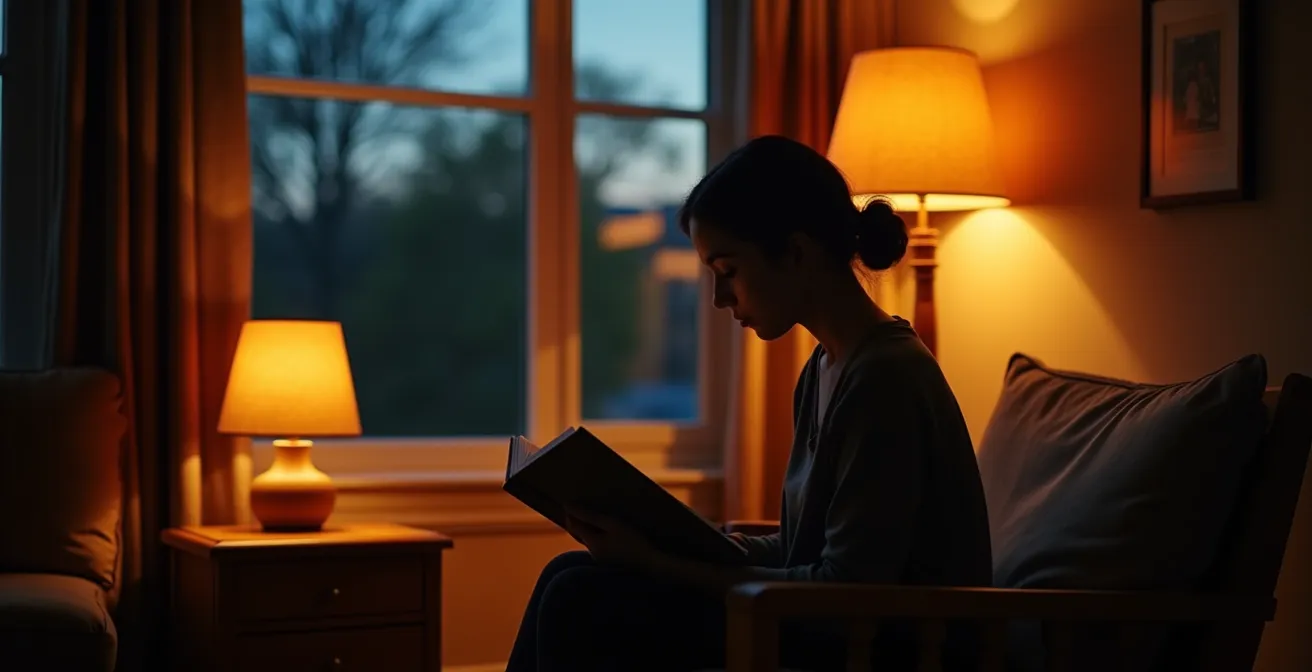 Rincón de lectura con iluminación cálida por capas en estilo japandi, mostrando una lámpara de pie de papel y una luz de mesa.