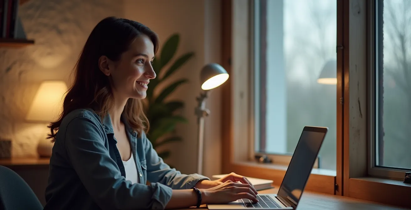 Configuración profesional de iluminación con tres puntos para videollamadas en espacio reducido