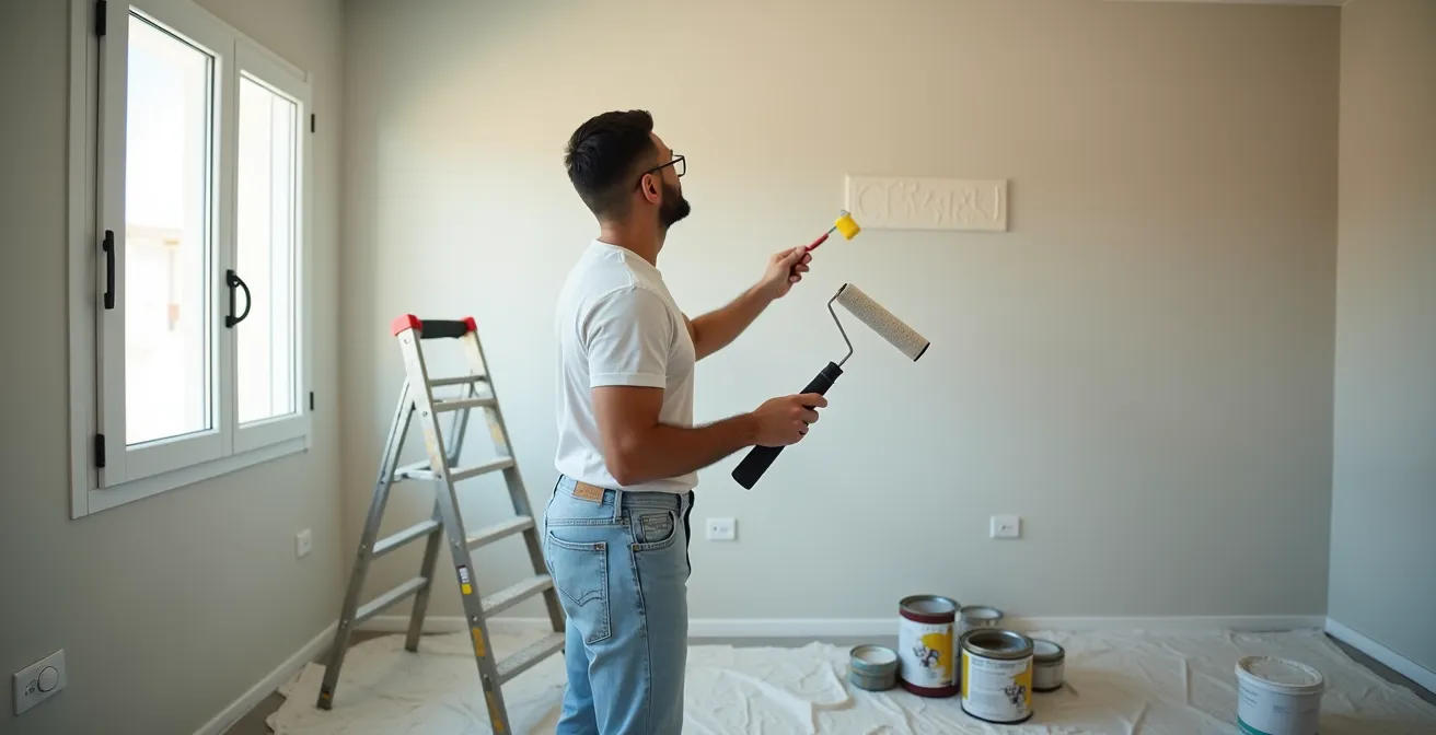 Inquilino pintando paredes de un piso de alquiler con materiales profesionales