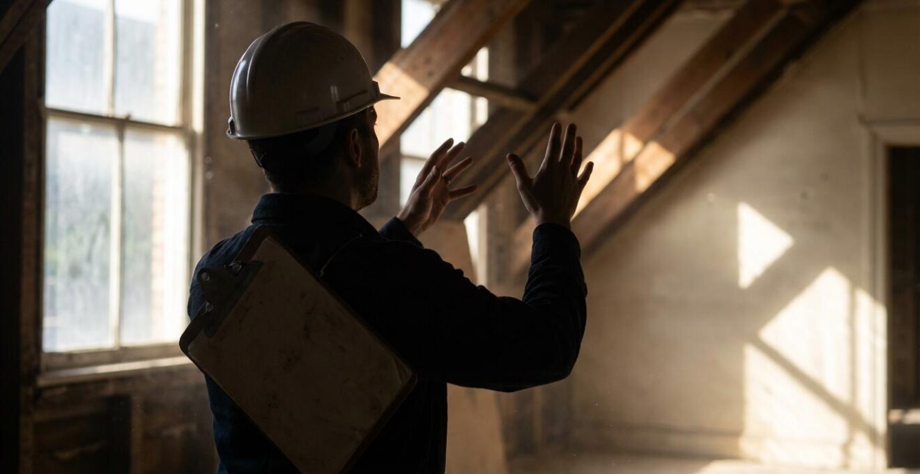Profesional inspeccionando estructura de vivienda con luz natural lateral