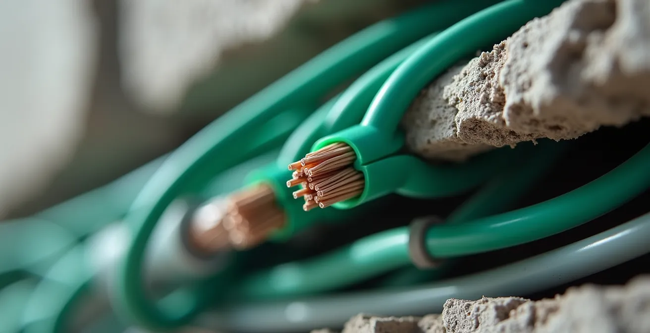 Vista macro del cable bus KNX verde instalado junto a cableado eléctrico en muro de hormigón