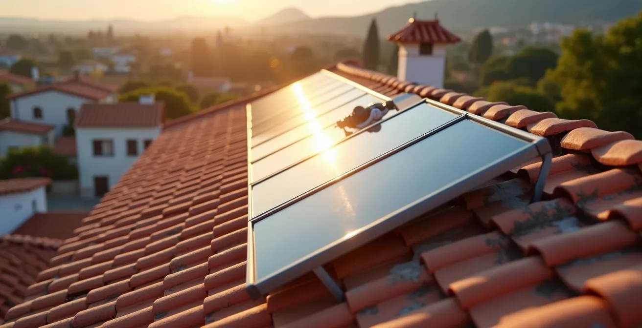 Vista de tejado español con instalación combinada de placas solares y unidad exterior de aerotermia