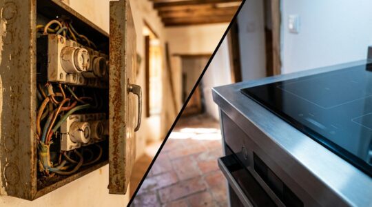 Cuadro eléctrico antiguo con cables deteriorados en contraste con electrodoméstico moderno