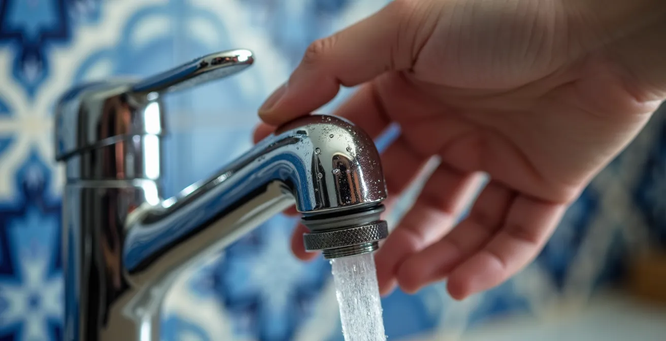 Manos instalando un aireador cromado en grifo de cocina con herramientas