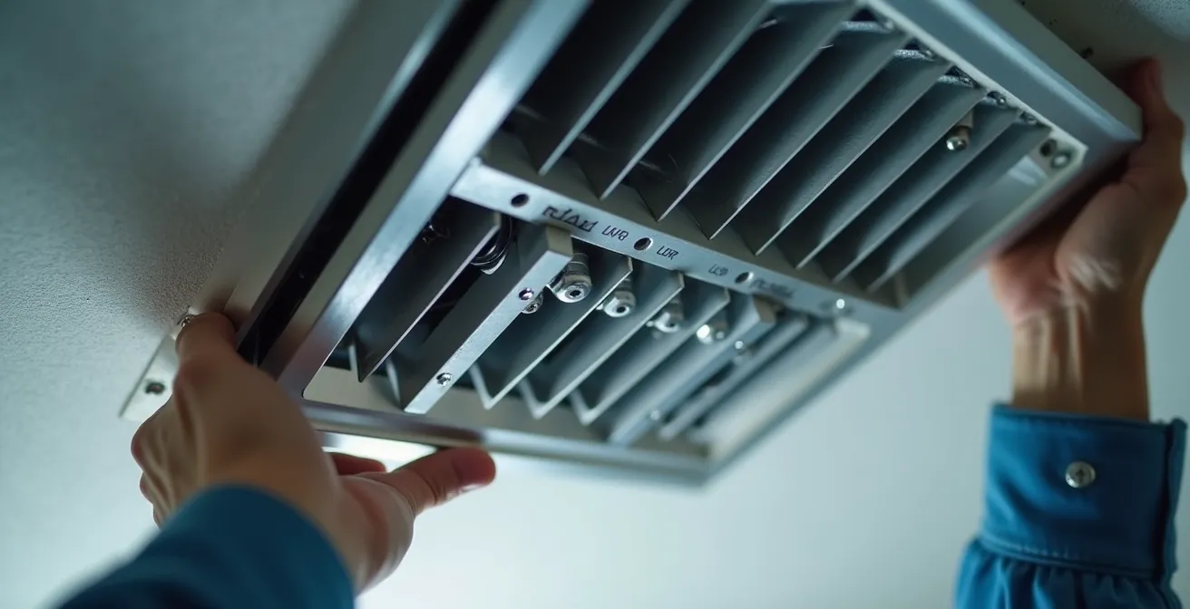 Instalador certificado montando rejilla motorizada Airzone en conducto de vivienda