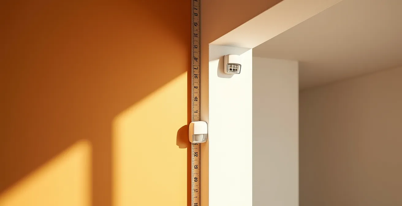 Sensor PIR instalado en esquina a altura óptima evitando ventanas