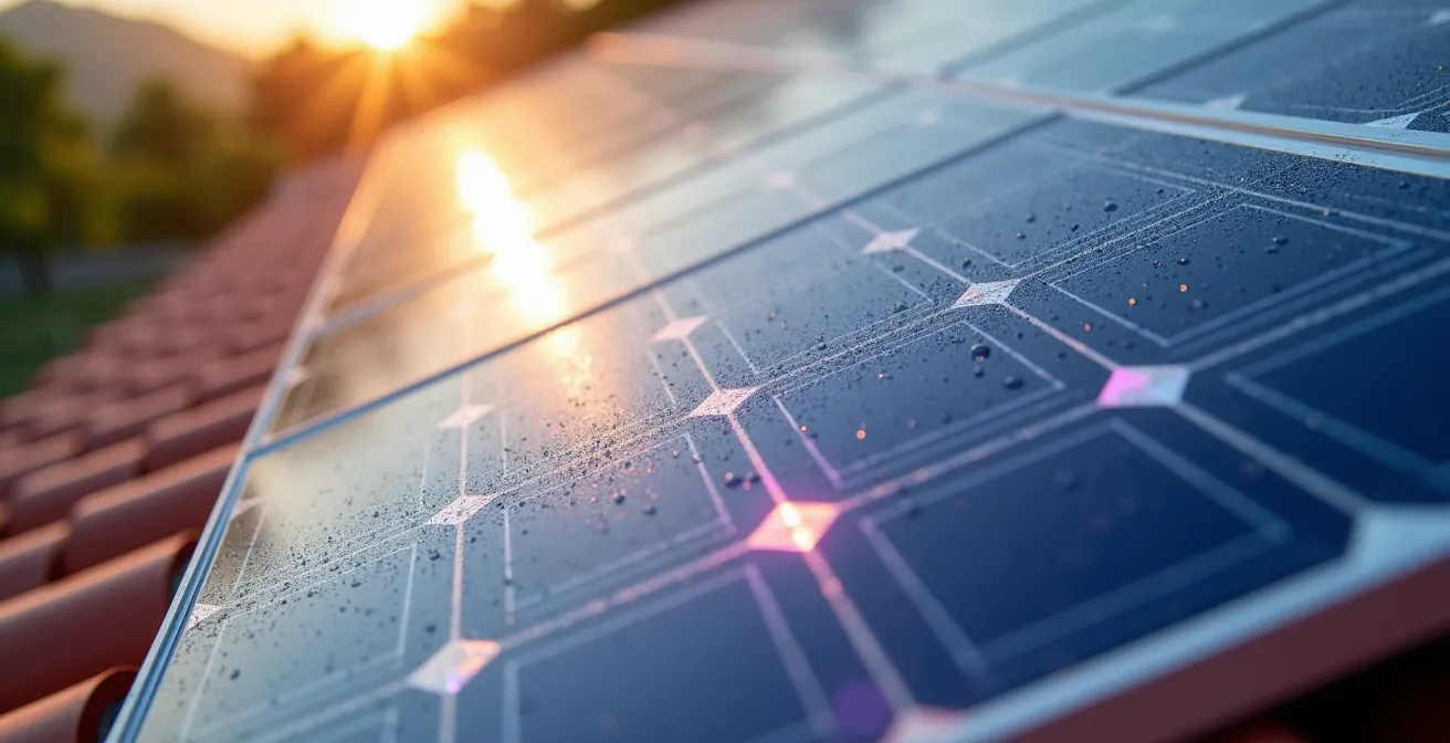 Sistema de paneles solares instalado en tejado de casa rural con vistas a campo abierto