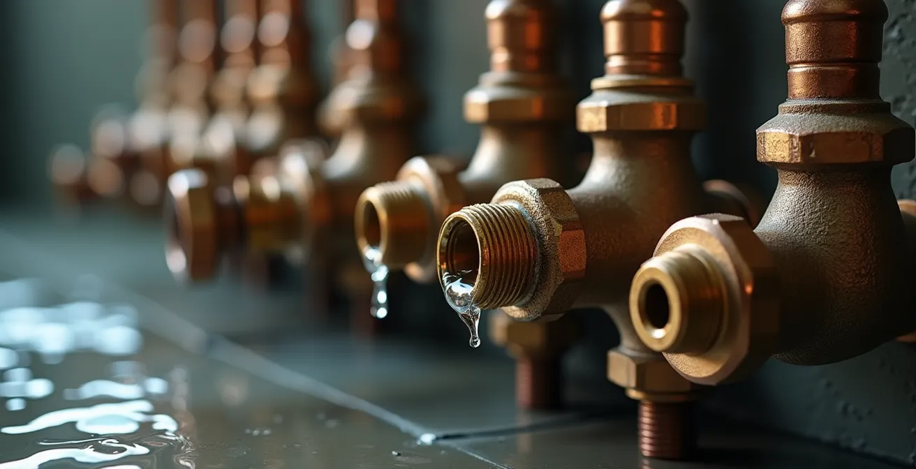 Detalle macro de contador de agua y tuberías en cuarto técnico de vivienda