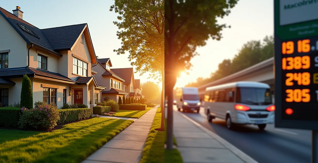 Composición dividida mostrando un chalé con jardín y al fondo una gasolinera con precios elevados