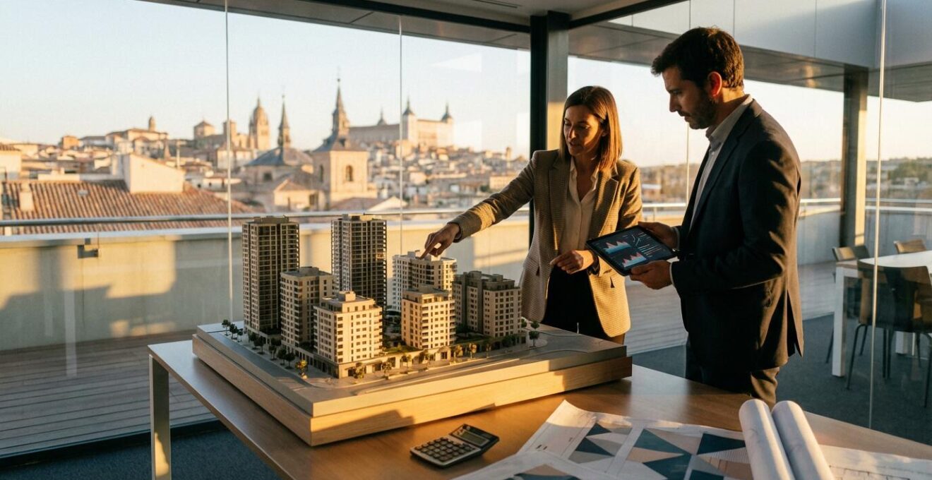 Inversores examinando maquetas de edificios y gráficos de rentabilidad en una ciudad española