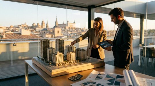 Inversores examinando maquetas de edificios y gráficos de rentabilidad en una ciudad española