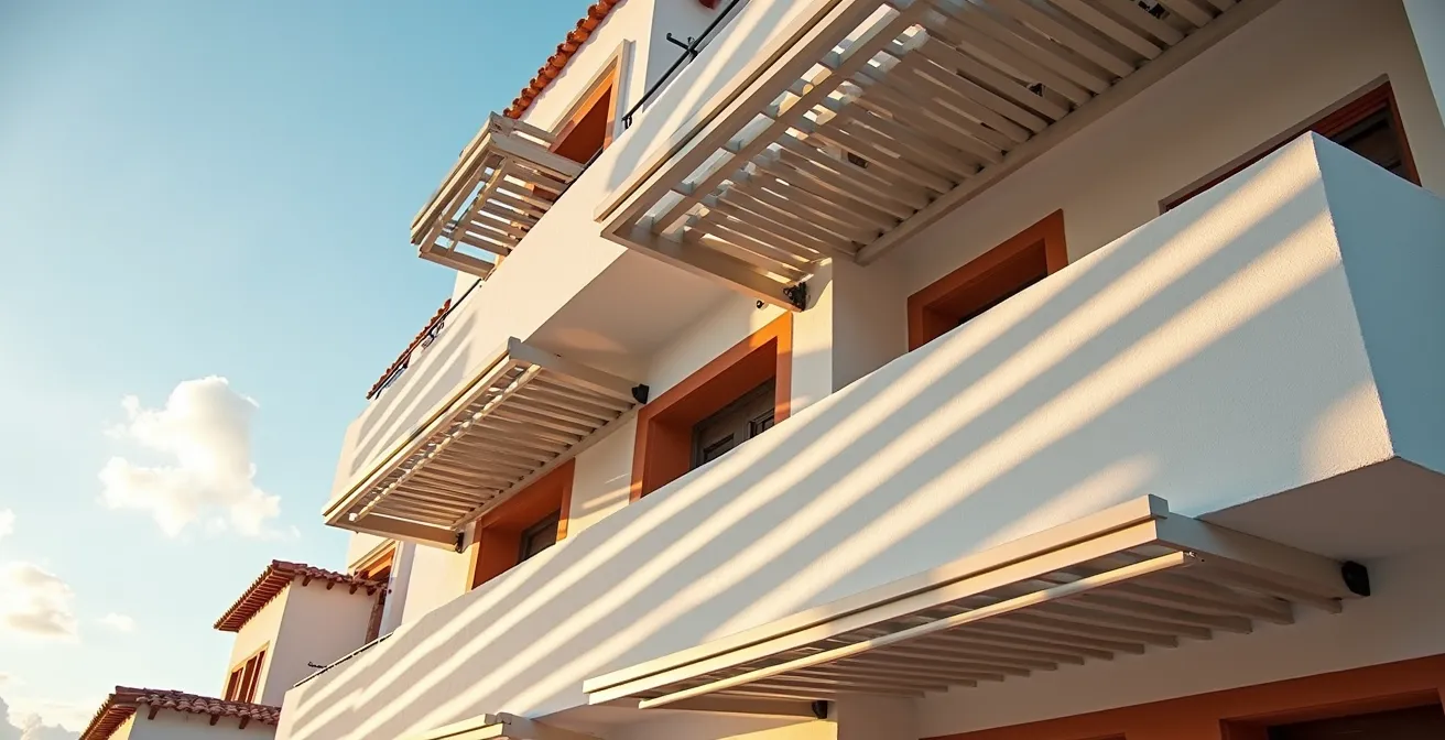 Fachada mediterránea con lamas orientables automatizadas siguiendo el recorrido solar