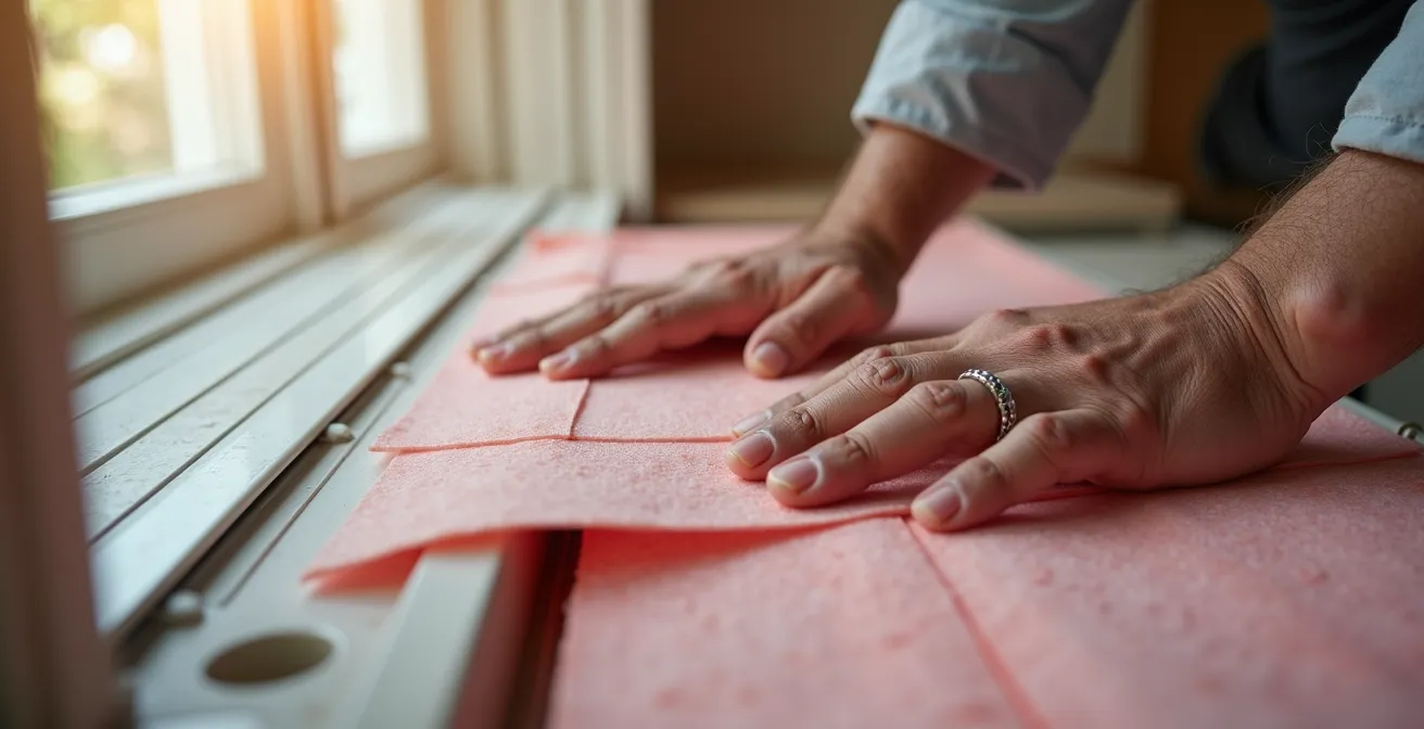 Manos de persona instalando material aislante en el interior de un cajón de persiana