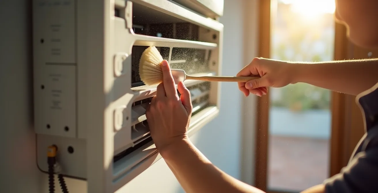 Manos limpiando el filtro de un aire acondicionado split con herramientas de mantenimiento