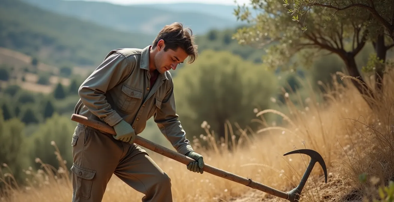Trabajador realizando desbroce de vegetación en terreno rural con herramientas tradicionales