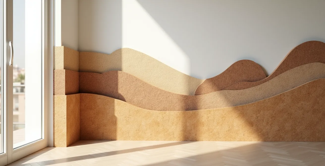 Muestras de diferentes materiales aislantes térmicos y acústicos para construcción